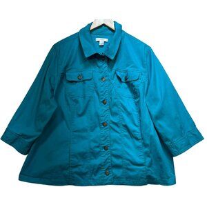 Cj Banks Women's Cotton Button Down Jacket 3/4 Sleeve Size 3X Turquoise Pockets